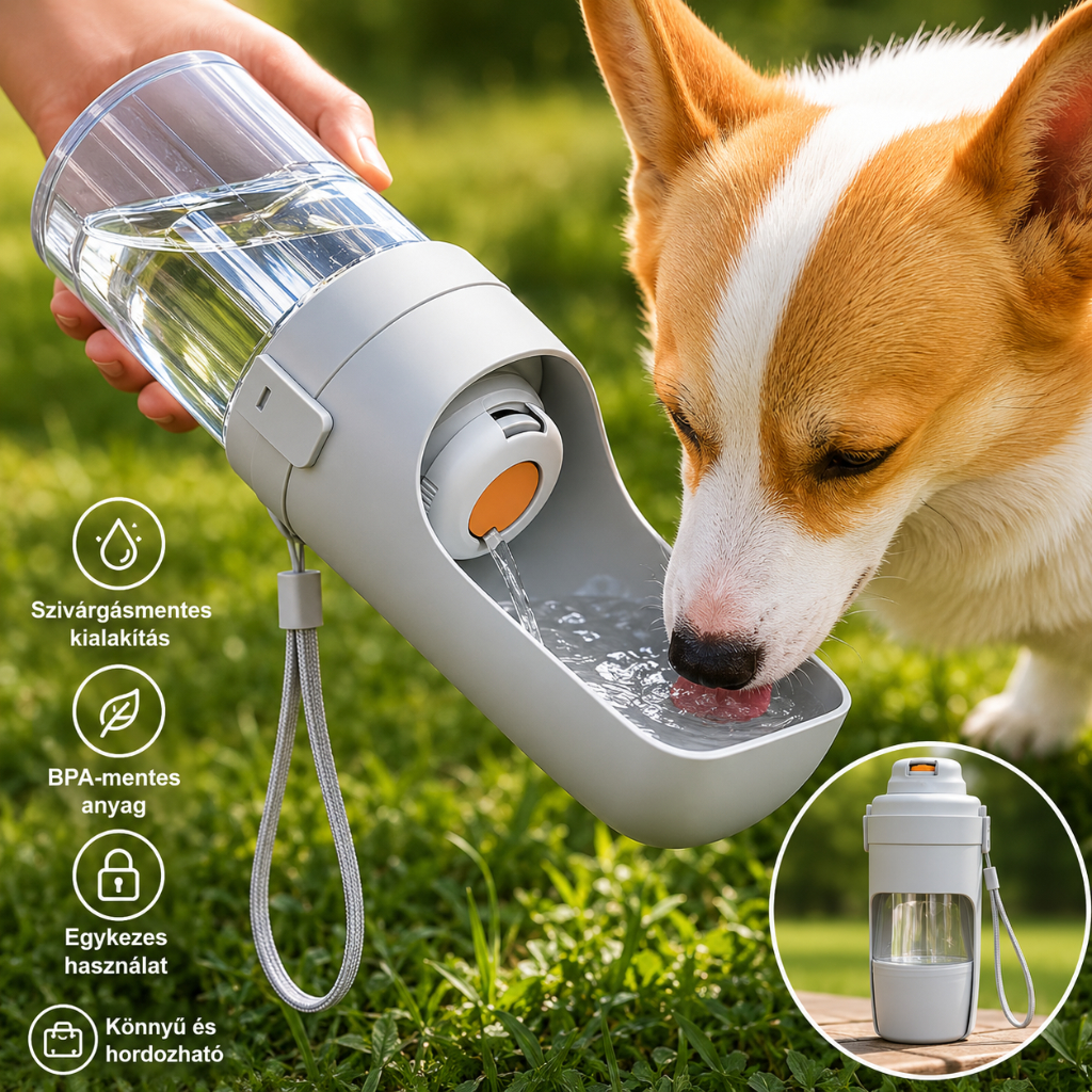 Utikutyi TravelBottle – 3in1 utazó ivókulacs kutyáknak jutalomfalat tartóval - Image 2